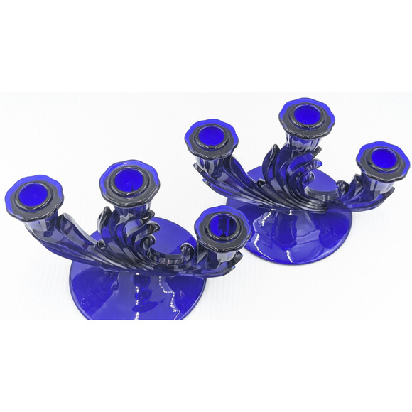 Fostoria Glass Baroque Regal Blue Cobalt 3 Light Candlestick Set of 2 Rare #2496 - Picture 10 of 12